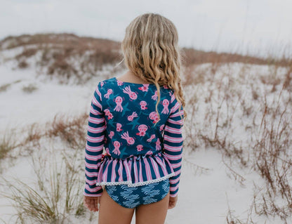 Kids Pink & Blue Axolotl Long Sleeve Rash Guard Swimsuit - Oopsie Daisy