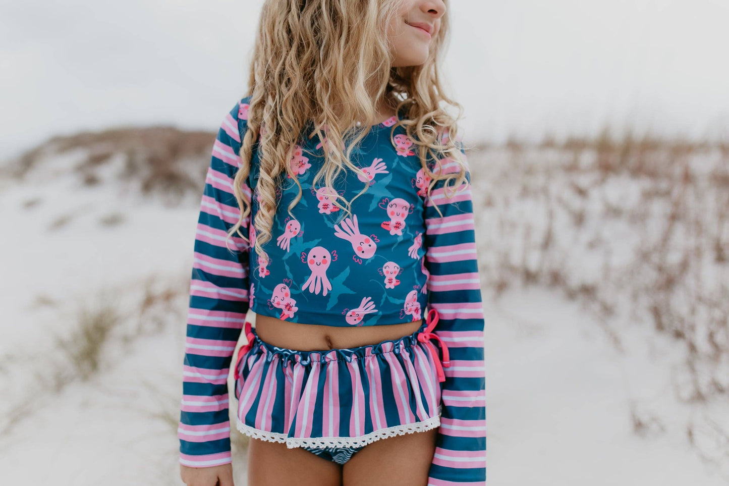 Kids Pink & Blue Axolotl Long Sleeve Rash Guard Swimsuit - Oopsie Daisy