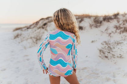 Kids Pink Blue Surf Wave Zip Rash Guard One Piece Swimsuit - Oopsie Daisy