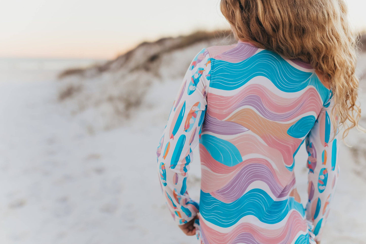 Kids Pink Blue Surf Wave Zip Rash Guard One Piece Swimsuit - Oopsie Daisy