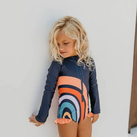 Kids Rainbow Navy Zip Rash Guard One Piece Swimsuit - Oopsie Daisy
