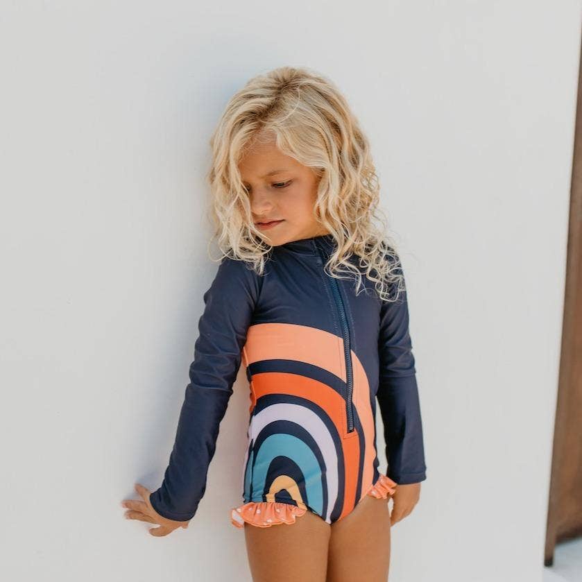 Kids Rainbow Navy Zip Rash Guard One Piece Swimsuit - Oopsie Daisy