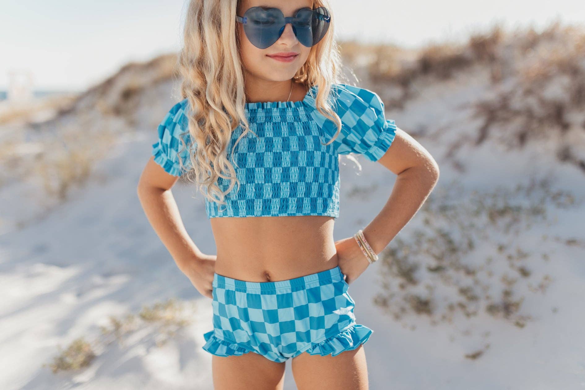 Kids Turquoise & Blue Check Ruched 2 Piece Swimsuit - Oopsie Daisy