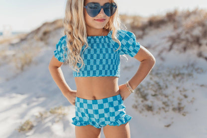 Kids Turquoise & Blue Check Ruched 2 Piece Swimsuit - Oopsie Daisy