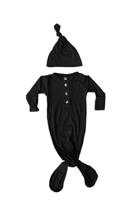 Knotted Button Baby Gown & Hat Set - Black - Stroller Society