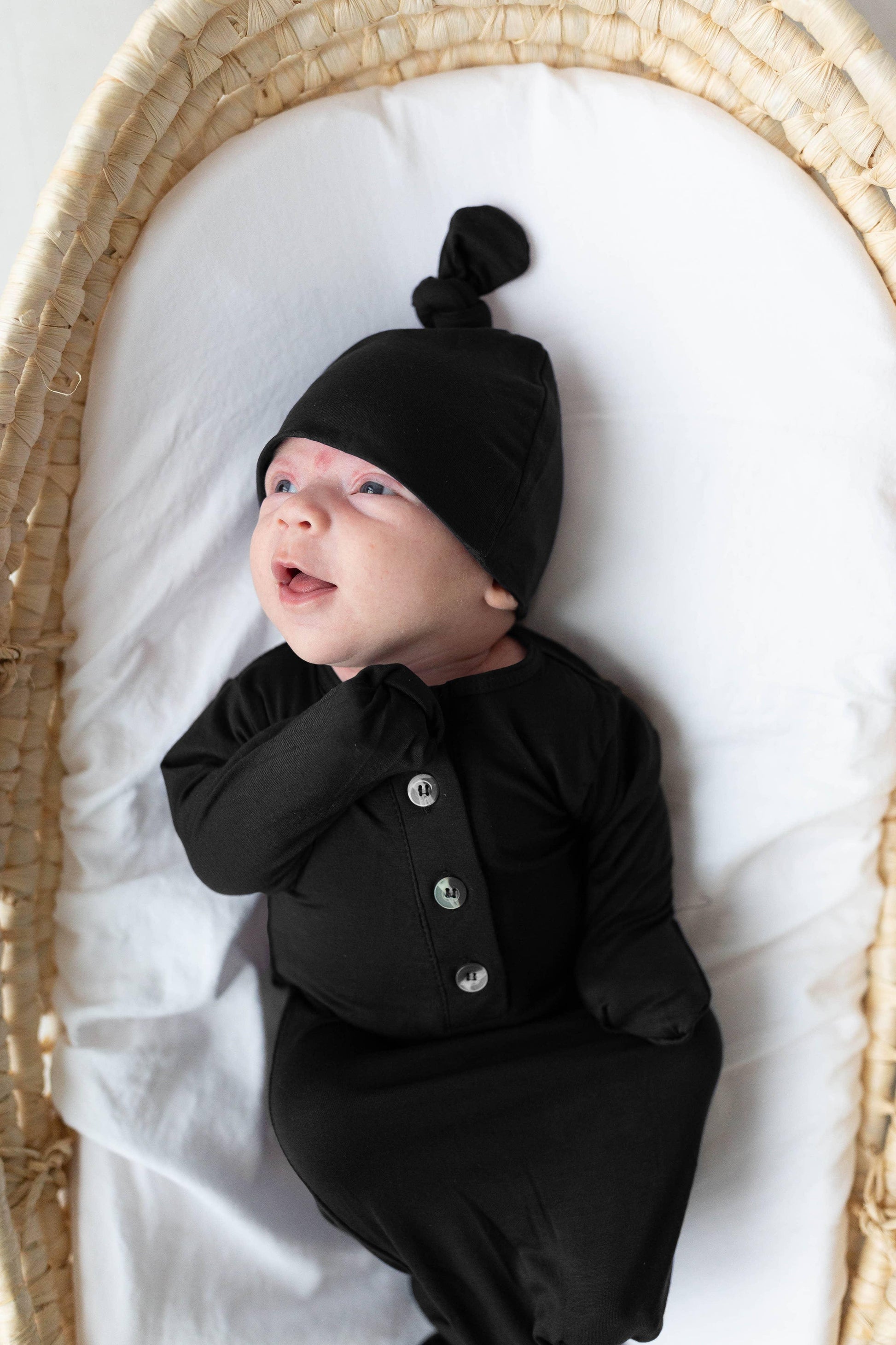 Knotted Button Baby Gown & Hat Set - Black - Stroller Society