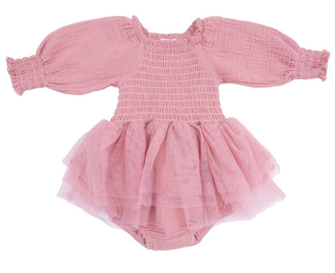 Long Sleeve Smocked Bubble with Tutu - Rose Elegance