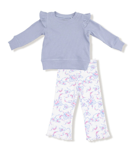 Ruffle Shoulder Waffle Shirt and Ribbed Flare Pant - Ribbon Floral Fling