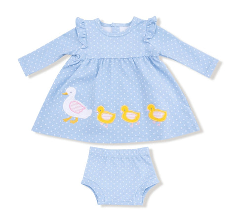 Long Sleeve Dress & Diaper Cover - Chambray Blue Dots with Duck Family Applique