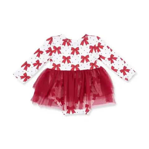 Long Sleeve Tutu Bodysuit Dress - Festive Bows