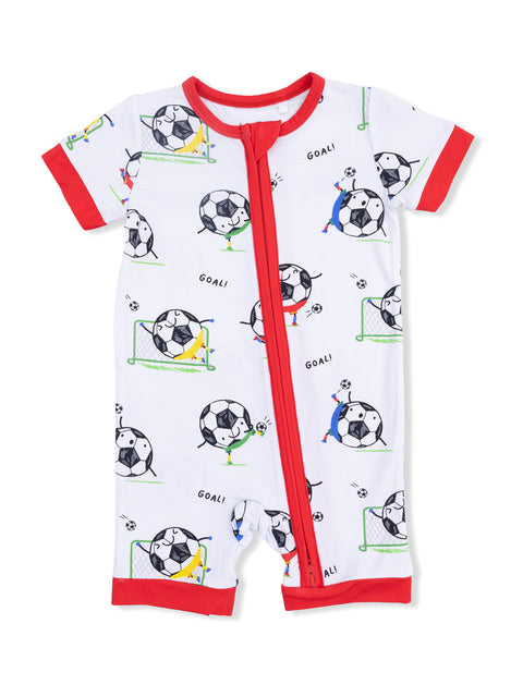 Shortie 2-Way Zip Romper - Soccer Balls Playing Soccer Blue