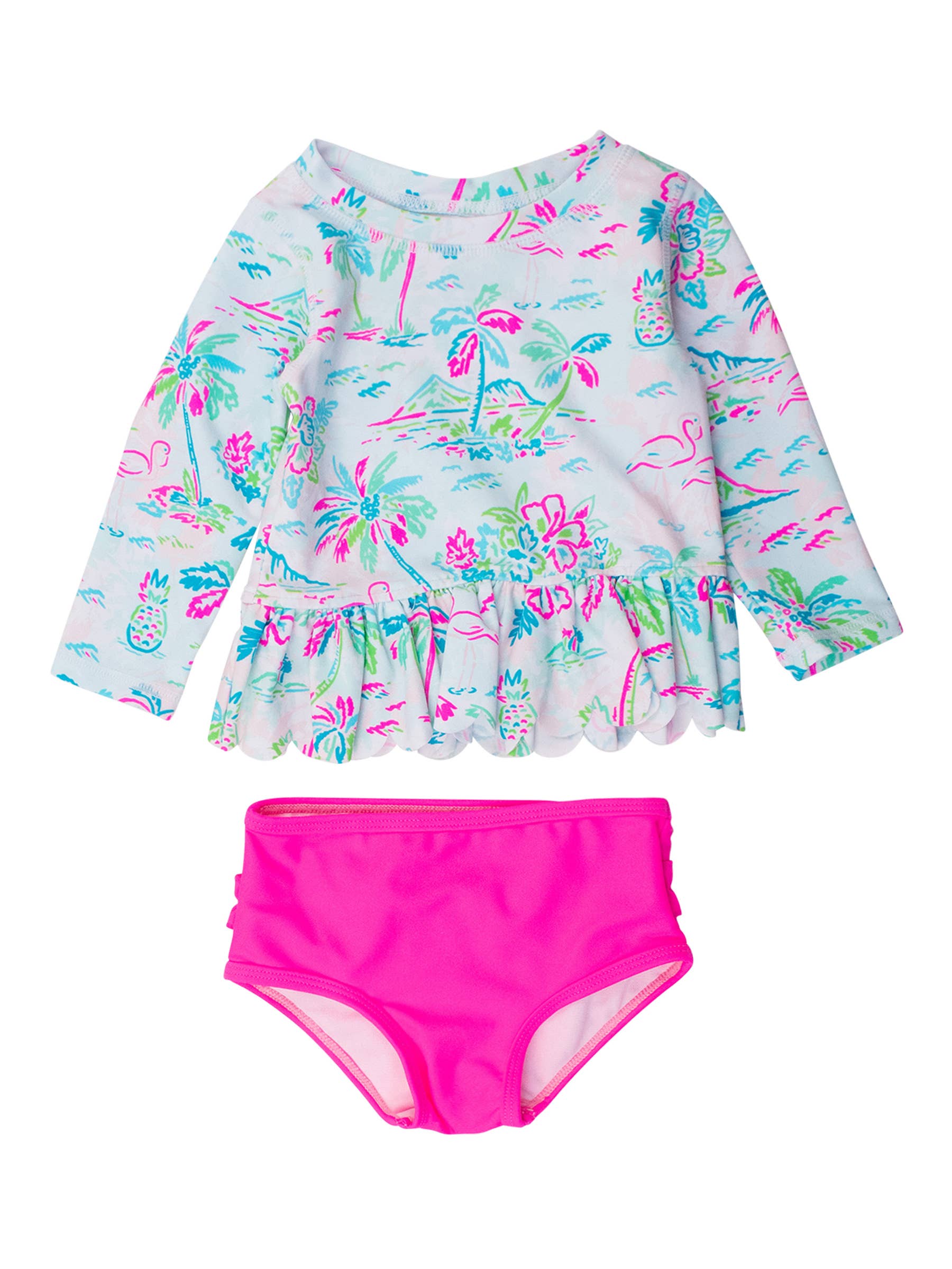 Tropical Resort Scalloped Rash Guard Set - RuffleButts + RuggedButts