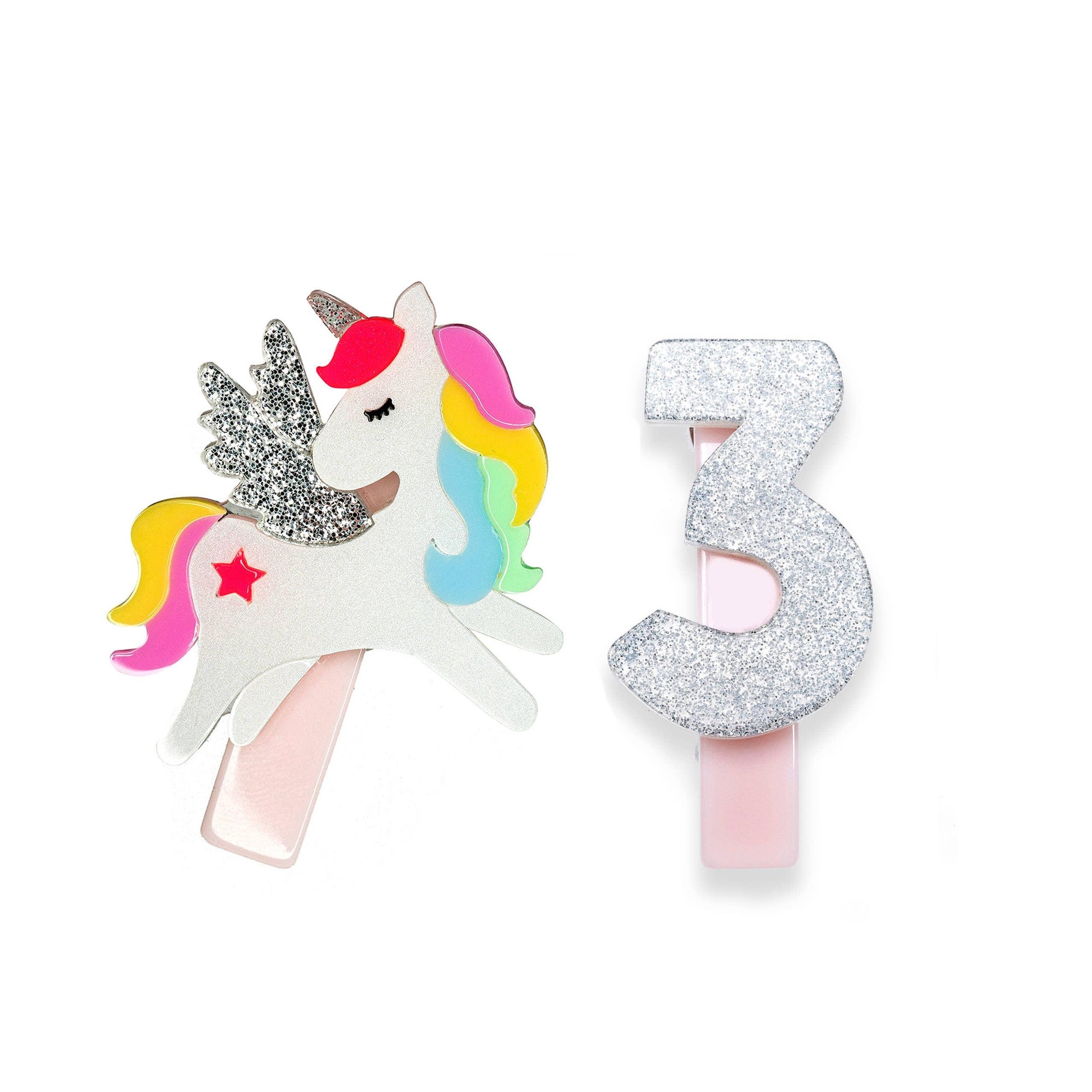 Unicorn Birthday Number 3 Alligator Clips Set - Lilies & Roses NY