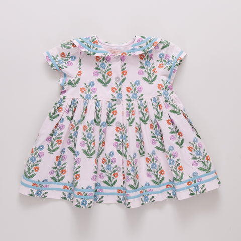 Girls Elowen Dress - Pink Dewdrop Block Print