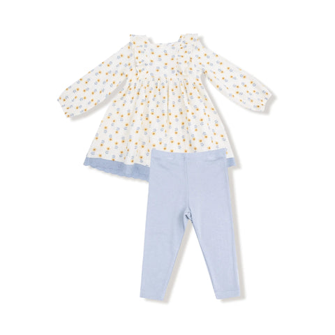 Dress with Eyelet Trim and RIbbed Legging - Western Sunflower