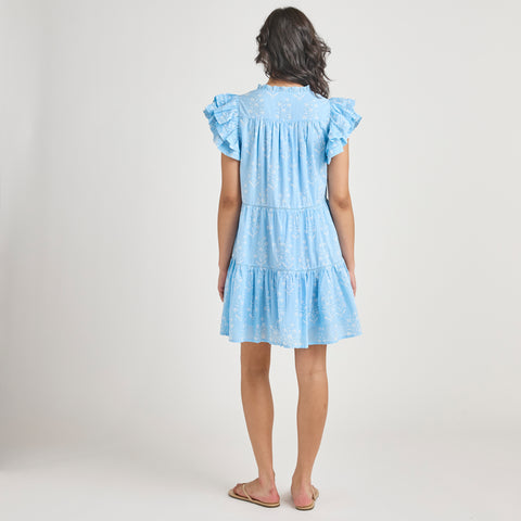 Womens Kalani Ruffle Dress - Blue Dewdrop Block Print