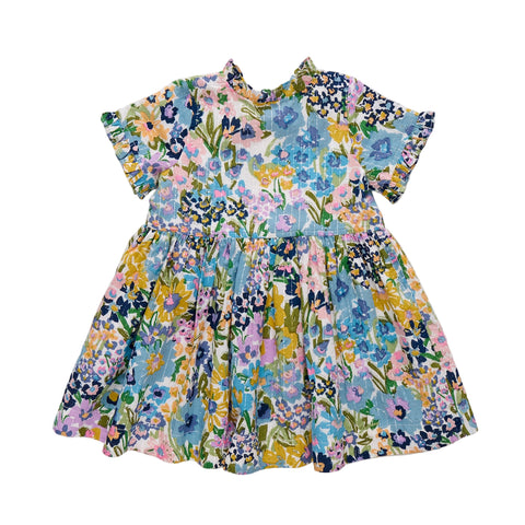Girls Autumn Dress - Blue Large Sketched Floral