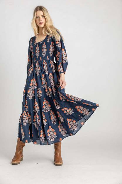 Womens Sen Dress - Navy Bouquet Floral - Pink Chicken