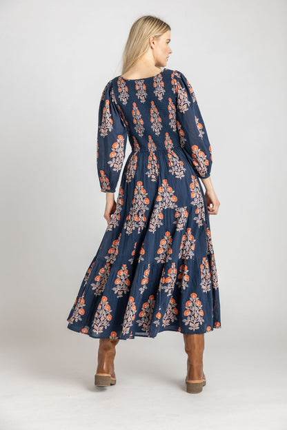 Womens Sen Dress - Navy Bouquet Floral - Pink Chicken