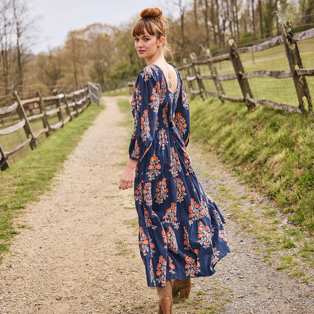 Womens Sen Dress - Navy Bouquet Floral - Pink Chicken