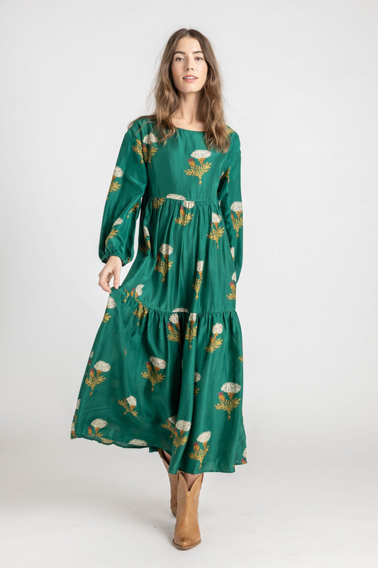 Womens Silk Kelly Dress - Emerald Marigold - Pink Chicken