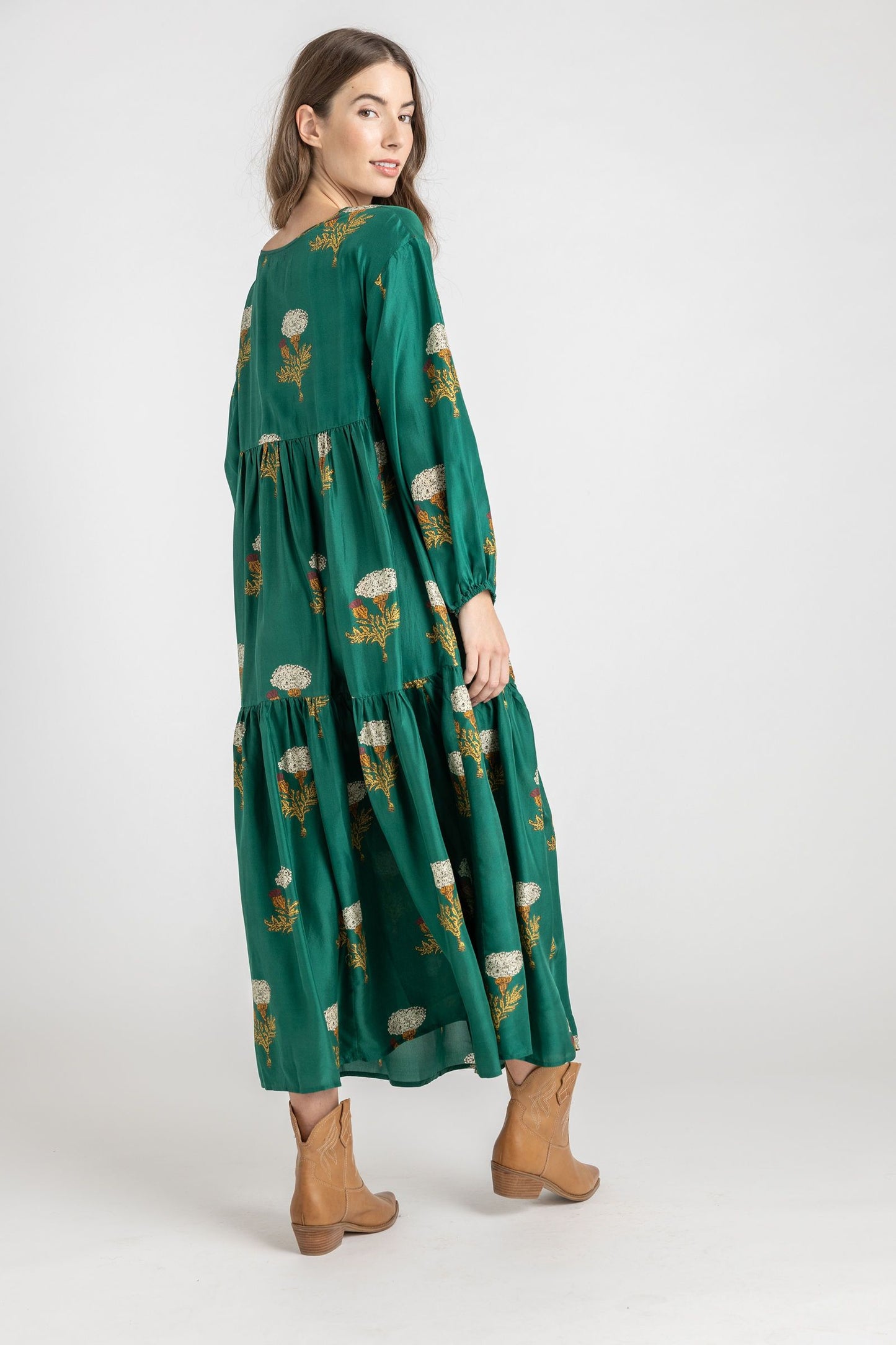 Womens Silk Kelly Dress - Emerald Marigold - Pink Chicken