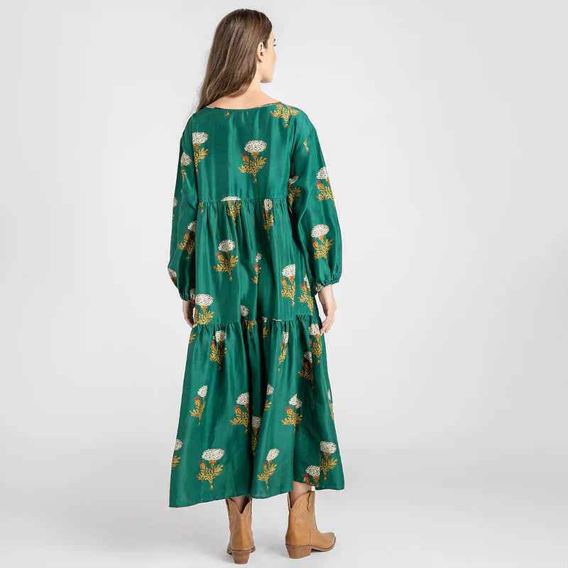 Womens Silk Kelly Dress - Emerald Marigold - Pink Chicken