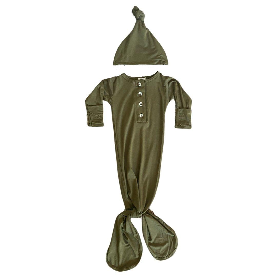 Knotted Button Baby Gown & Hat Set - Army Green - Stroller Society