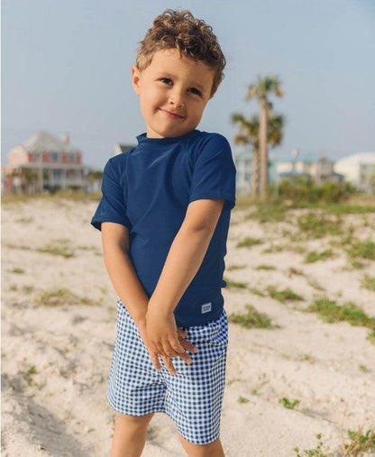 RuffleButts and RuggedButts Navy Gingham Boys Swim Trunks