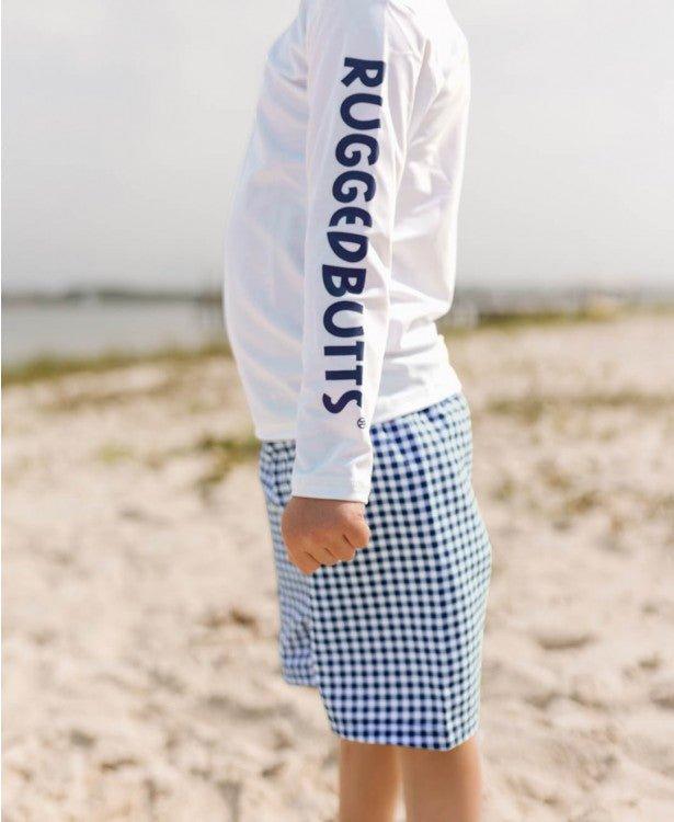 RuffleButts and RuggedButts Navy Gingham Boys Swim Trunks